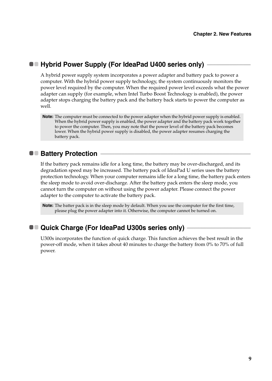 Hybrid power supply (for ideapad u400 series only), Battery protection, Quick charge (for ideapad u300s series only) | Lenovo IdeaPad U400 User Manual | Page 13 / 31