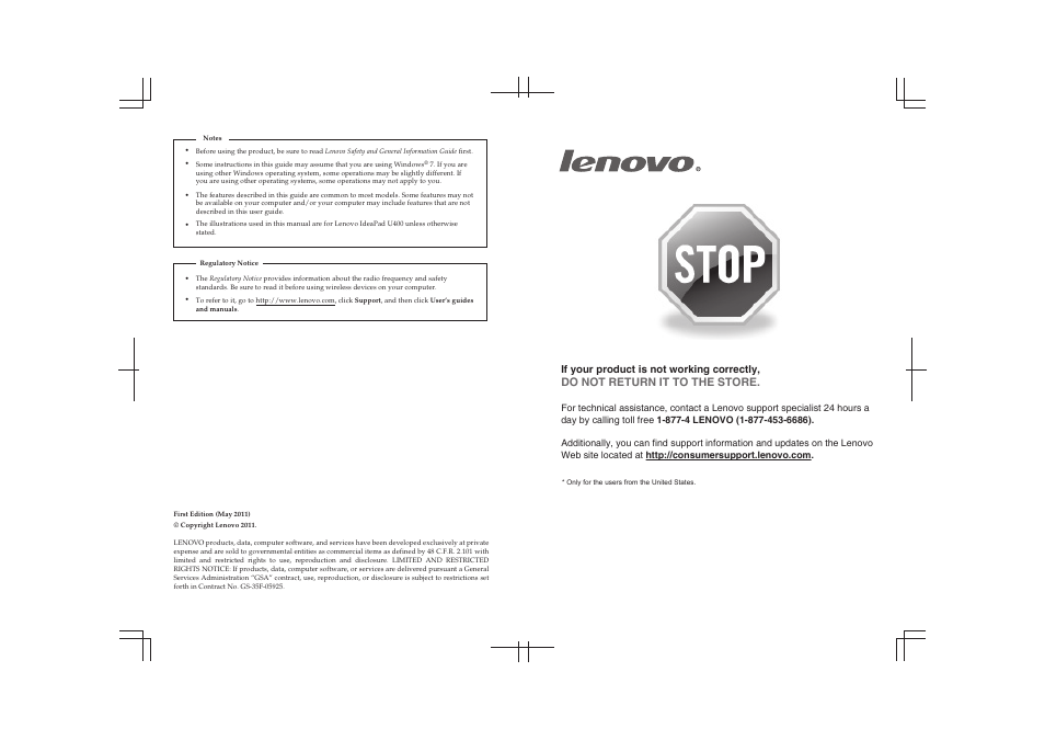 Do not return it to the store, If your product is not working correctly | Lenovo IdeaPad U400 User Manual | Page 2 / 31