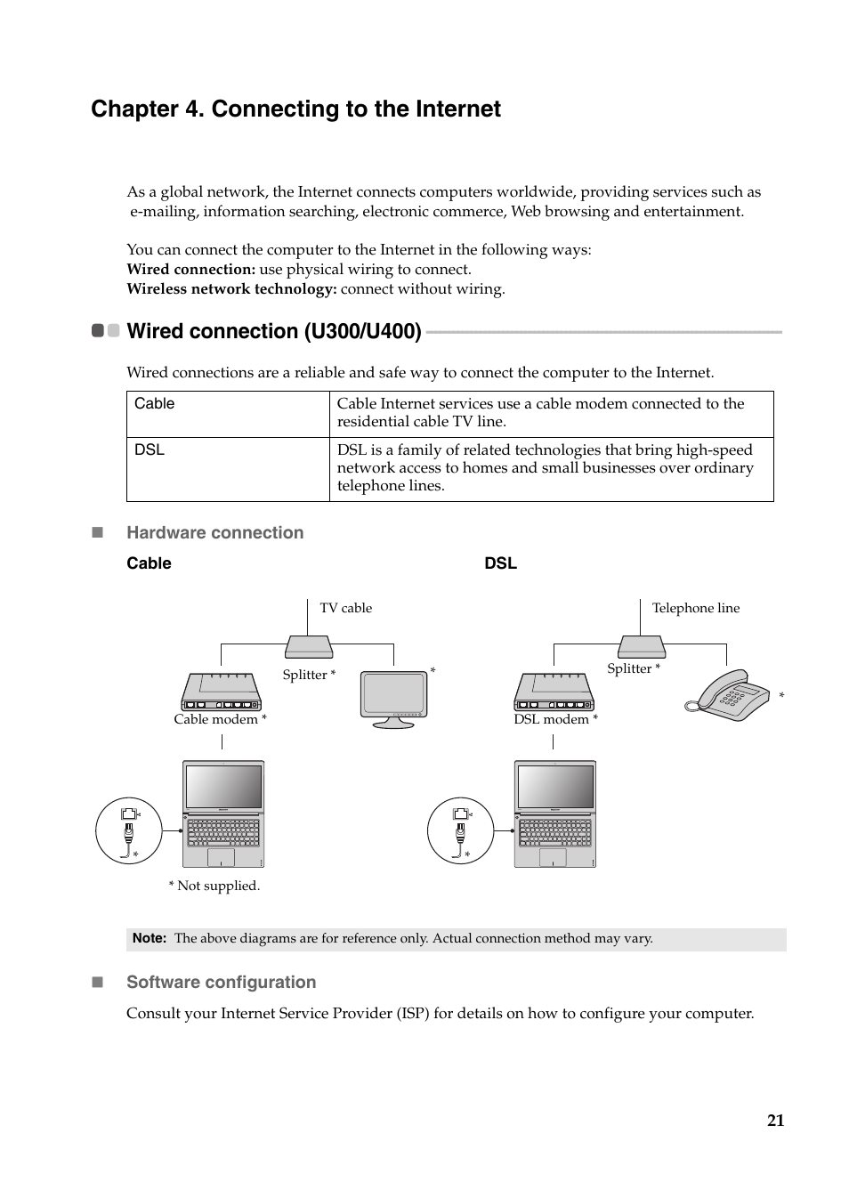 Chapter 4. connecting to the internet, Wired connection (u300/u400) | Lenovo IdeaPad U400 User Manual | Page 25 / 31