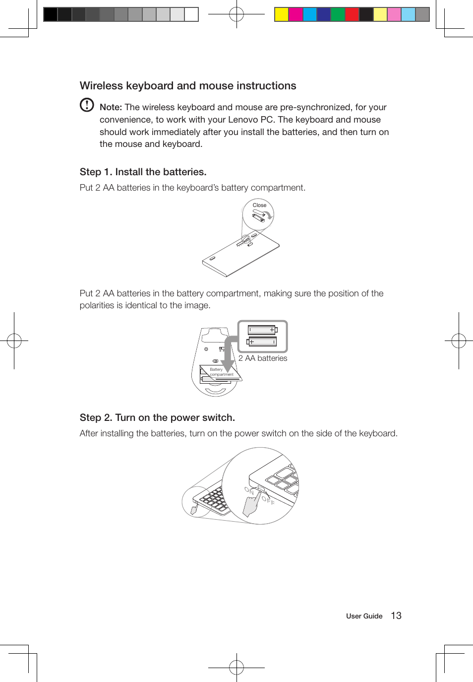 Wireless keyboard and mouse instructions, Step 1. install the batteries, Step 2. turn on the power switch | Lenovo IdeaCentre B320 User Manual | Page 18 / 53