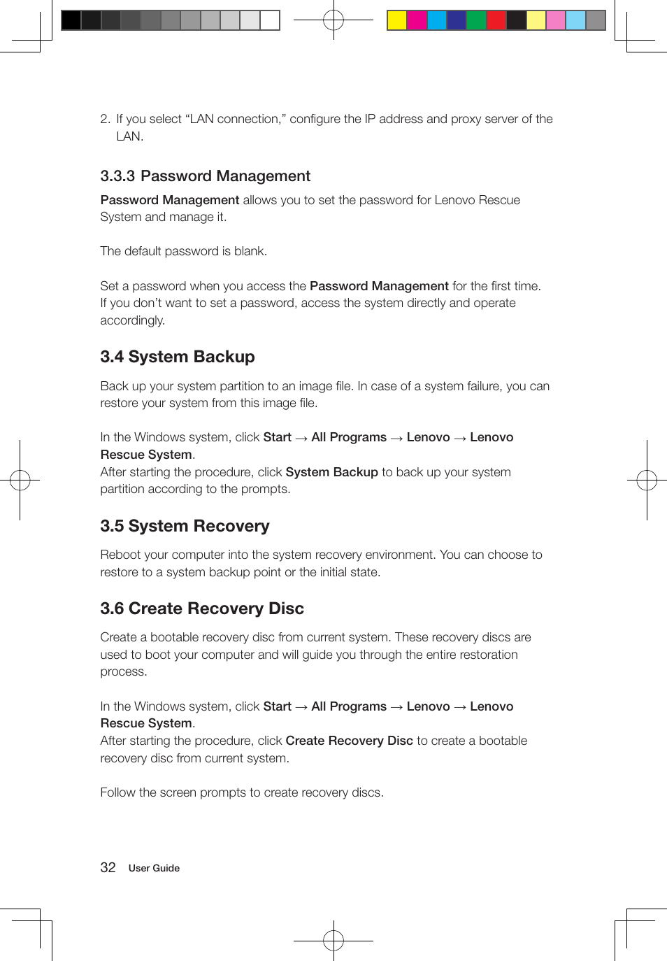 4 system backup, 5 system recovery, 6 create recovery disc | 3 password management | Lenovo IdeaCentre B320 User Manual | Page 37 / 53