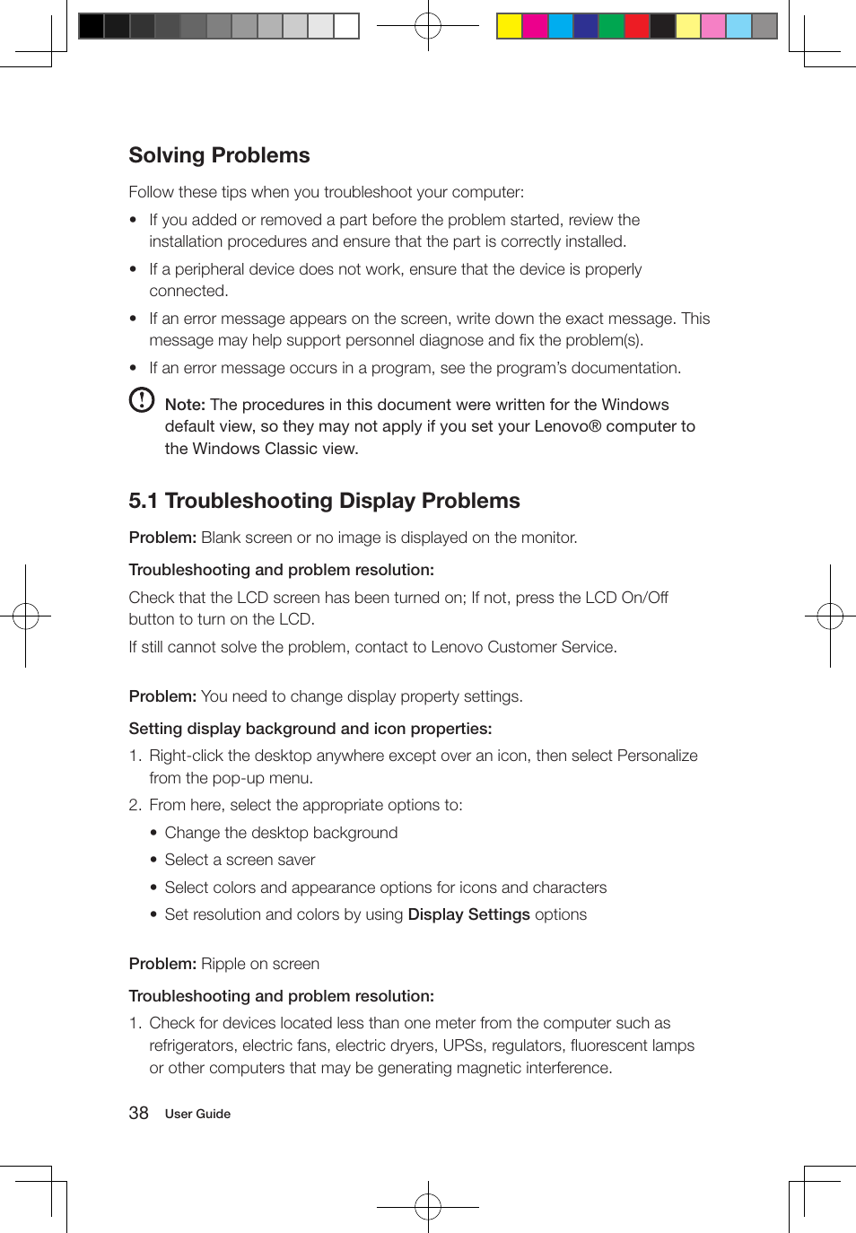 Solving problems, 1 troubleshooting display problems | Lenovo IdeaCentre B320 User Manual | Page 43 / 53