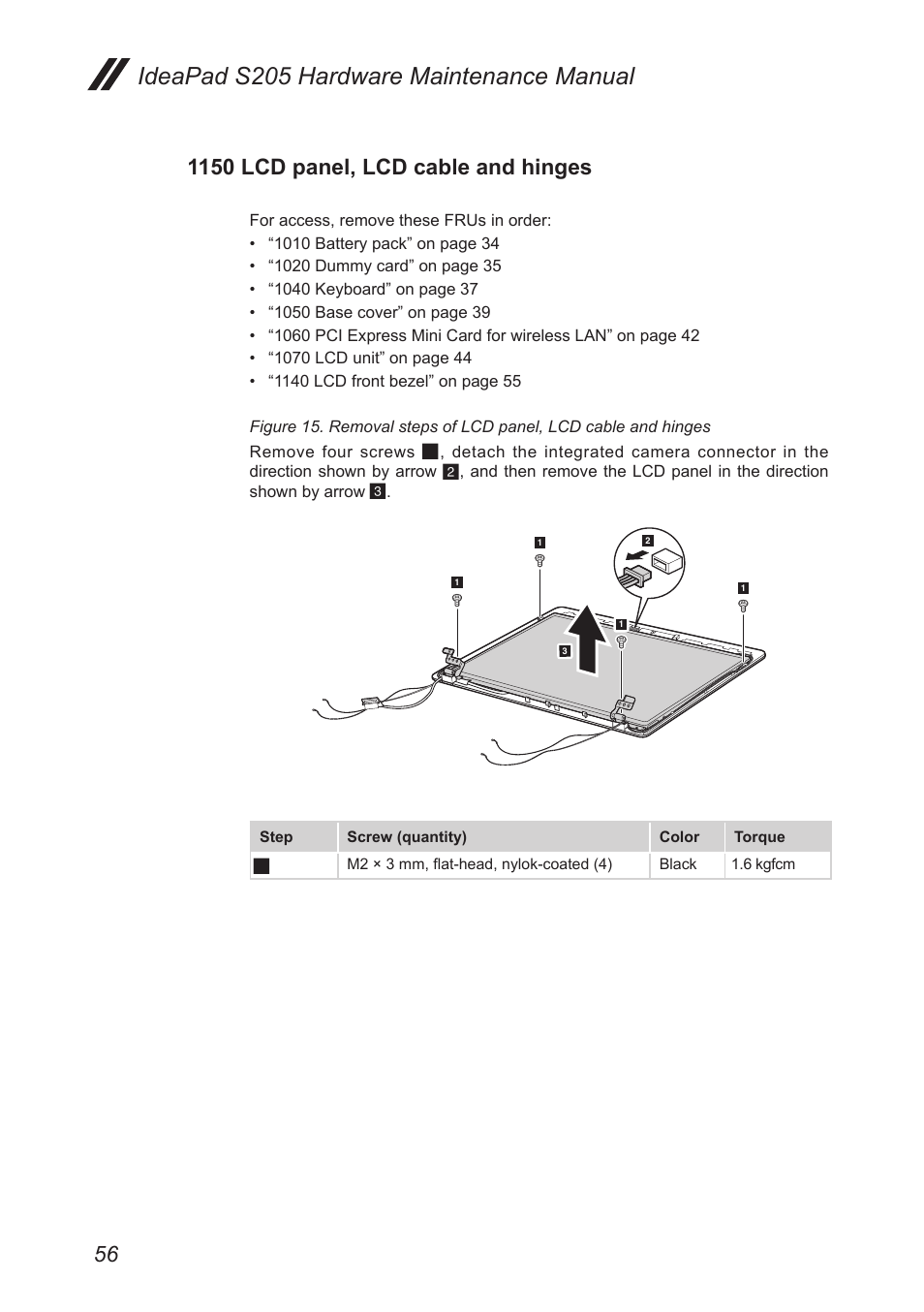 1150 lcd panel, lcd cable and hinges, Ideapad s205 hardware maintenance manual | Lenovo IdeaPad S205 User Manual | Page 60 / 81