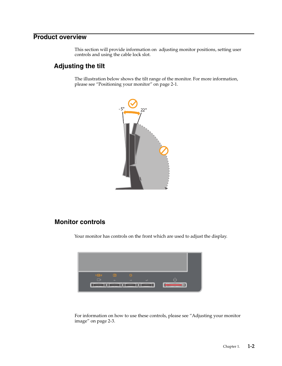 Product overview, Adjusting the tilt, User controls | Product overview -2, Adjusting the tilt -2, Monitor controls | Lenovo LS2013 Wide Flat Panel Monitor User Manual | Page 6 / 28