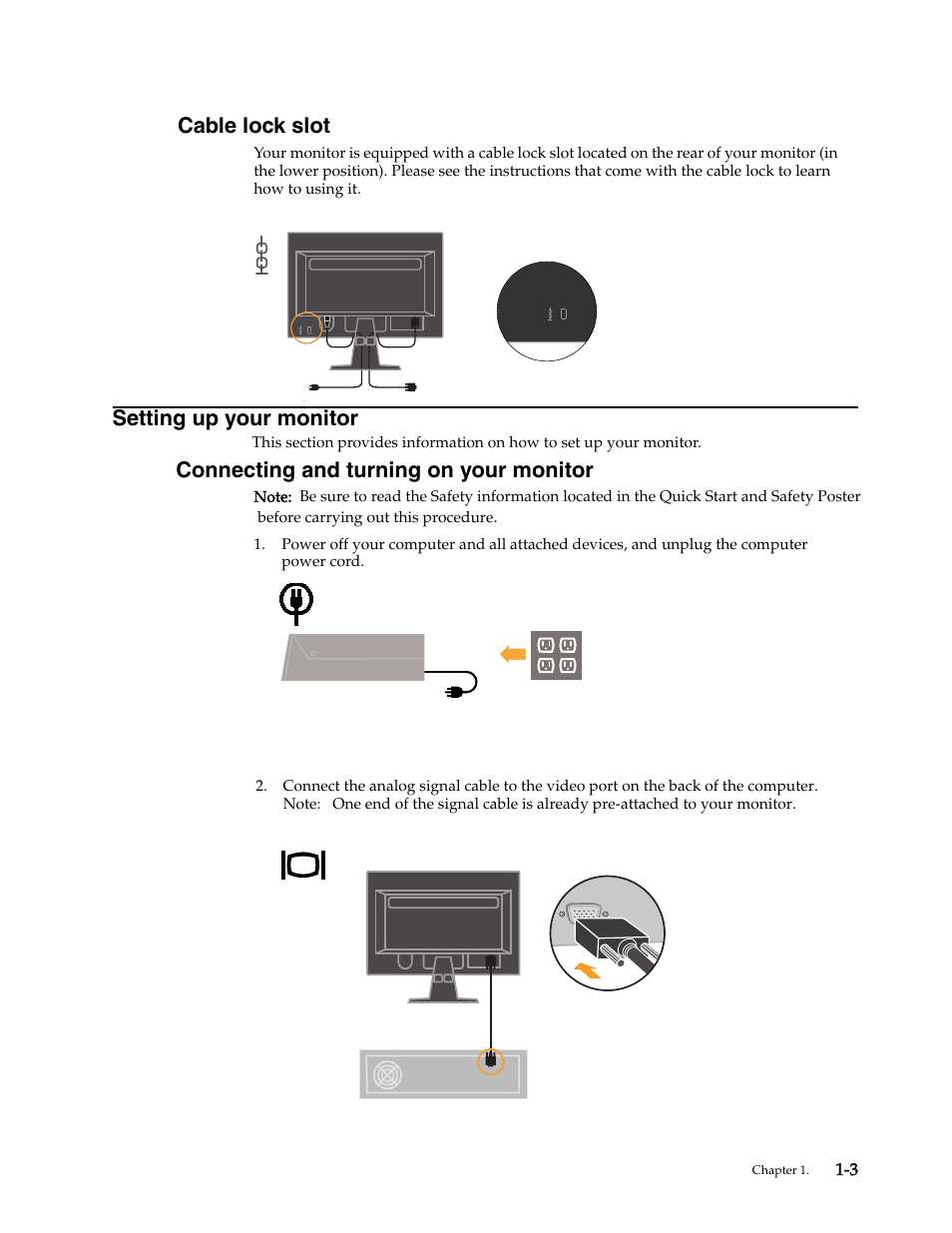 Cable lock slot, Setting up your monitor, Connecting and turning on your monitor | Cable lock slot -3, Setting up your monitor -3, Connecting and turning on your monitor -3 | Lenovo LS2013 Wide Flat Panel Monitor User Manual | Page 7 / 28