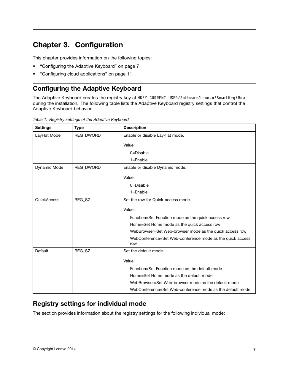 Chapter 3. configuration, Configuring the adaptive keyboard, Registry settings for individual mode | Lenovo ThinkPad X1 Carbon Type 20A7 20A8 User Manual | Page 13 / 26