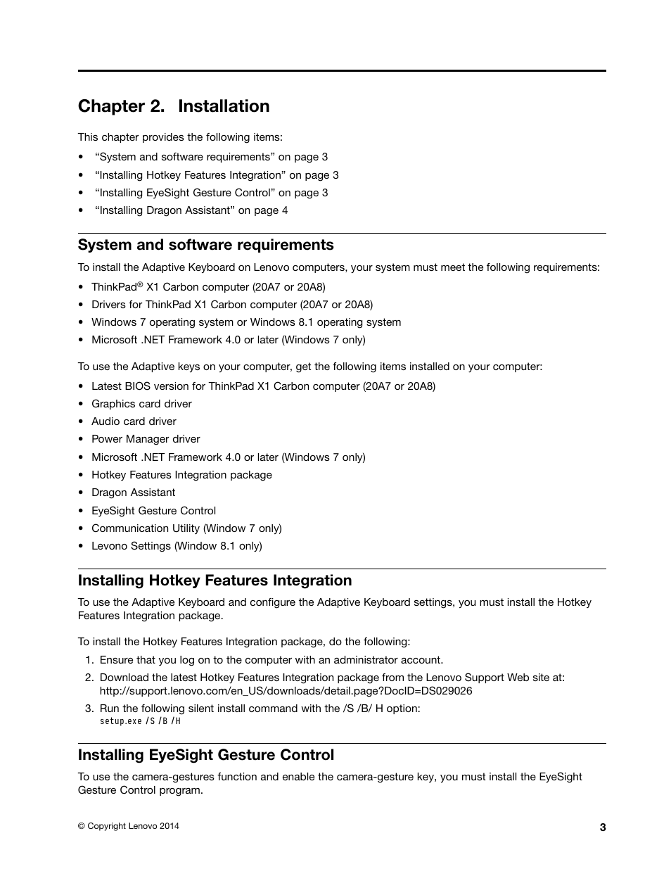 Chapter 2. installation, System and software requirements, Installing hotkey features integration | Installing eyesight gesture control | Lenovo ThinkPad X1 Carbon Type 20A7 20A8 User Manual | Page 9 / 26