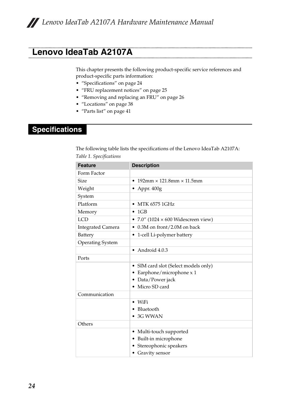 Lenovo ideatab a2107a, Specifications, Lenovo ideatab a2107a specifications | Lenovo ideatab a2107a hardware maintenance manual | Lenovo A2107 Tablet User Manual | Page 28 / 53