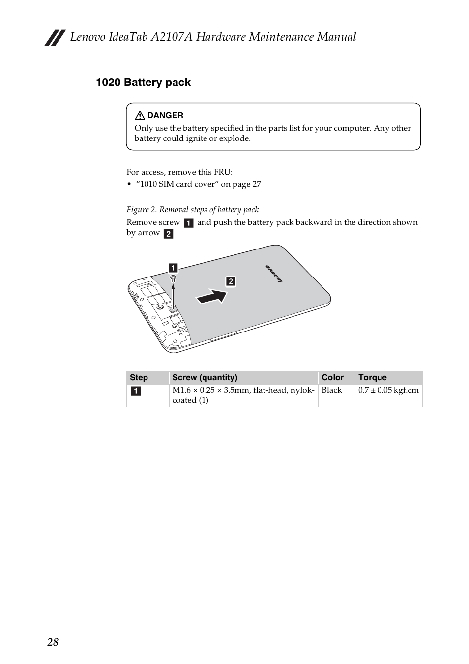 1020 battery pack, Lenovo ideatab a2107a hardware maintenance manual | Lenovo A2107 Tablet User Manual | Page 32 / 53