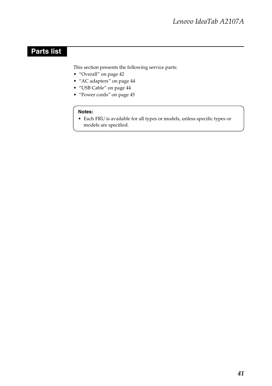 Parts list, Lenovo ideatab a2107a | Lenovo A2107 Tablet User Manual | Page 45 / 53