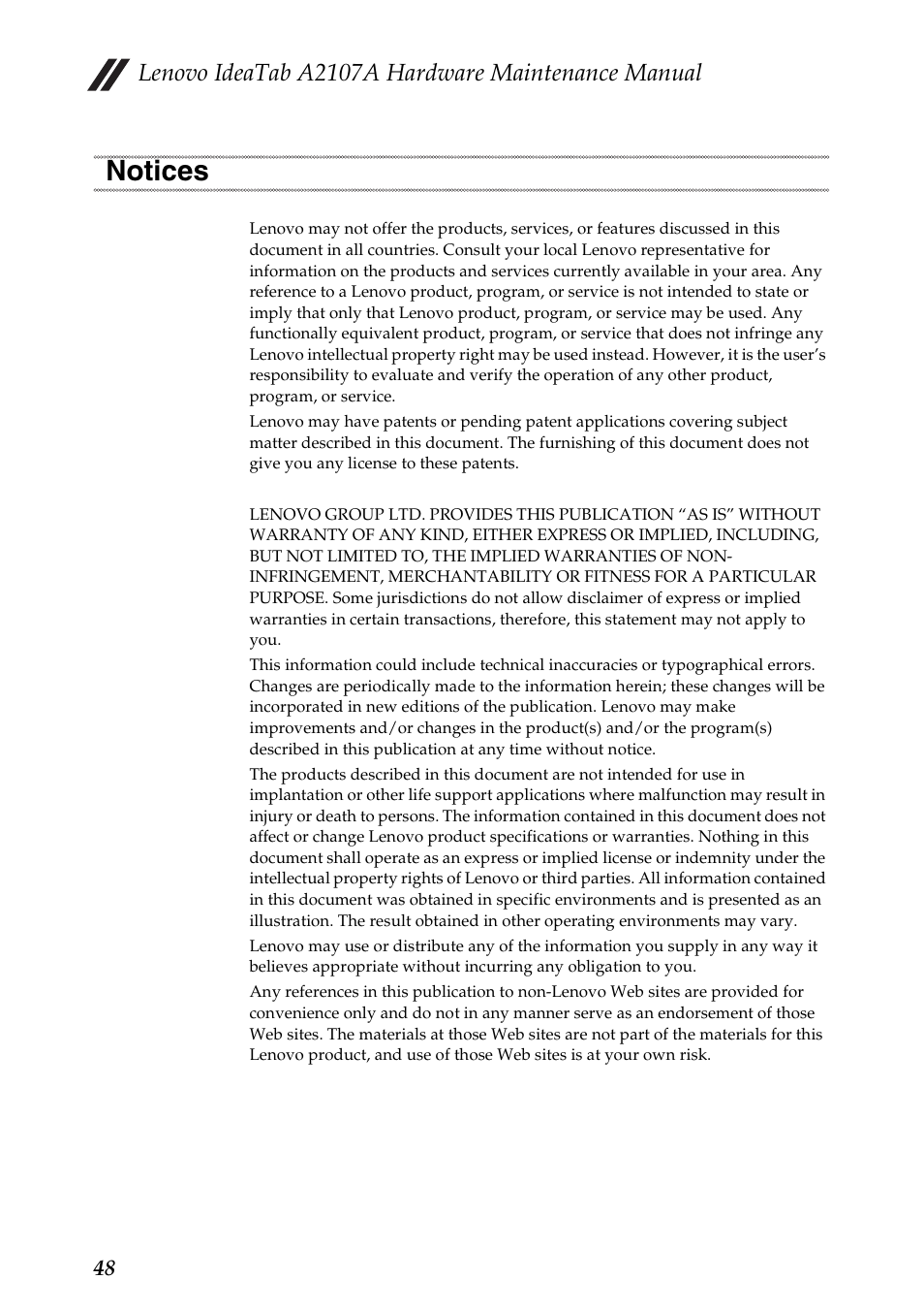 Notices, Lenovo ideatab a2107a hardware maintenance manual | Lenovo A2107 Tablet User Manual | Page 52 / 53