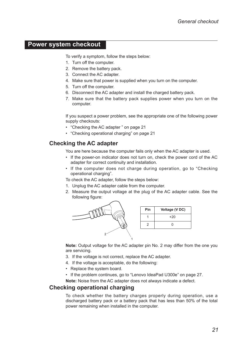 Power system checkout, Checking the ac adapter, Checking operational charging | Lenovo IdeaPad U300e User Manual | Page 25 / 73