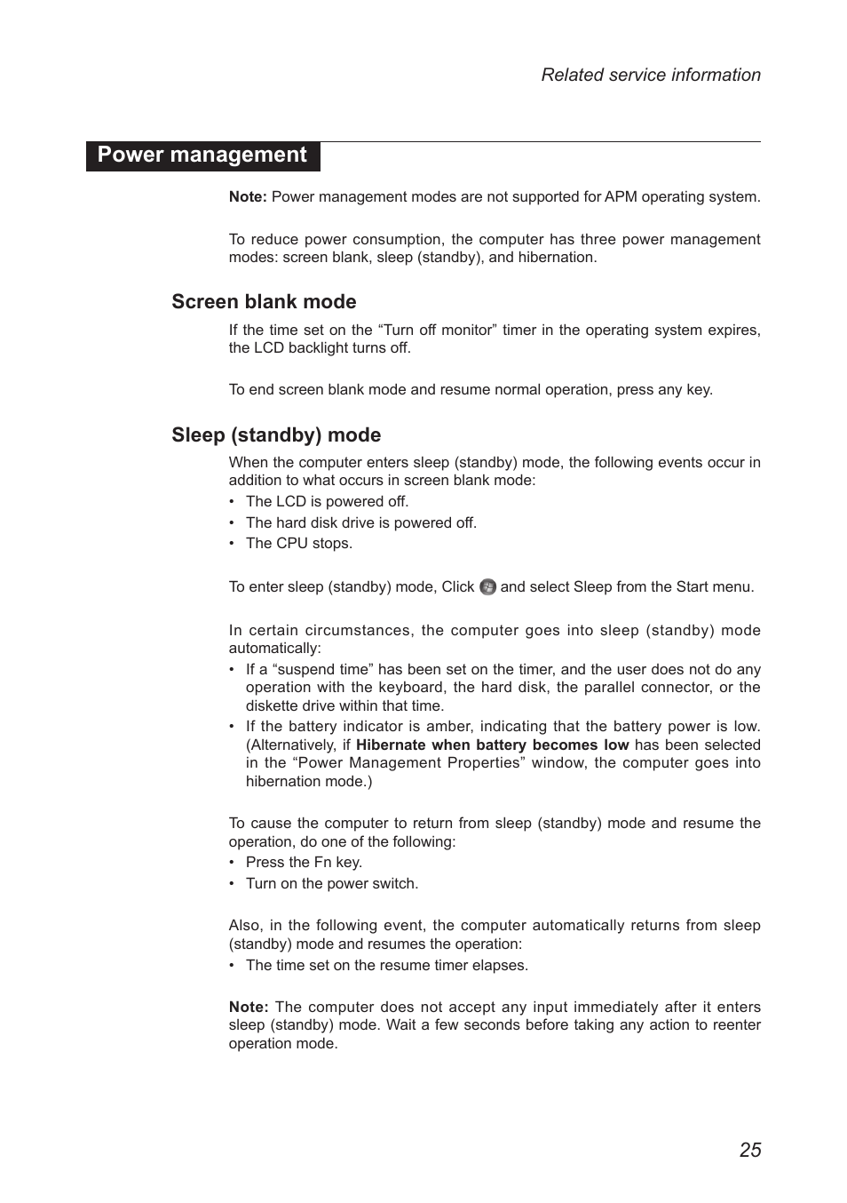 Power management, Screen blank mode, Sleep (standby) mode | Lenovo IdeaPad U300e User Manual | Page 29 / 73