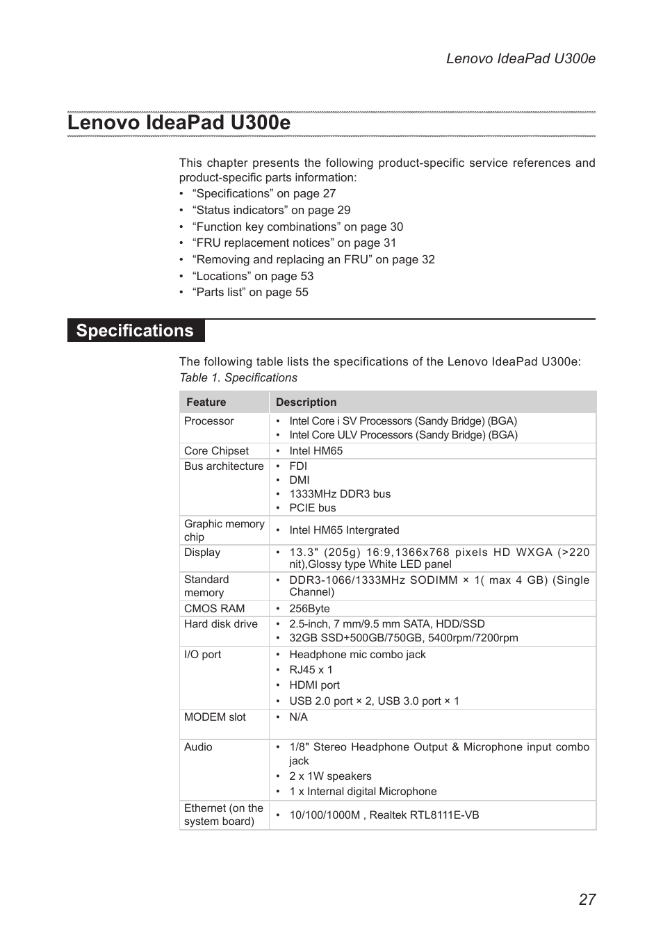 Lenovo ideapad u300e, Specifications | Lenovo IdeaPad U300e User Manual | Page 31 / 73