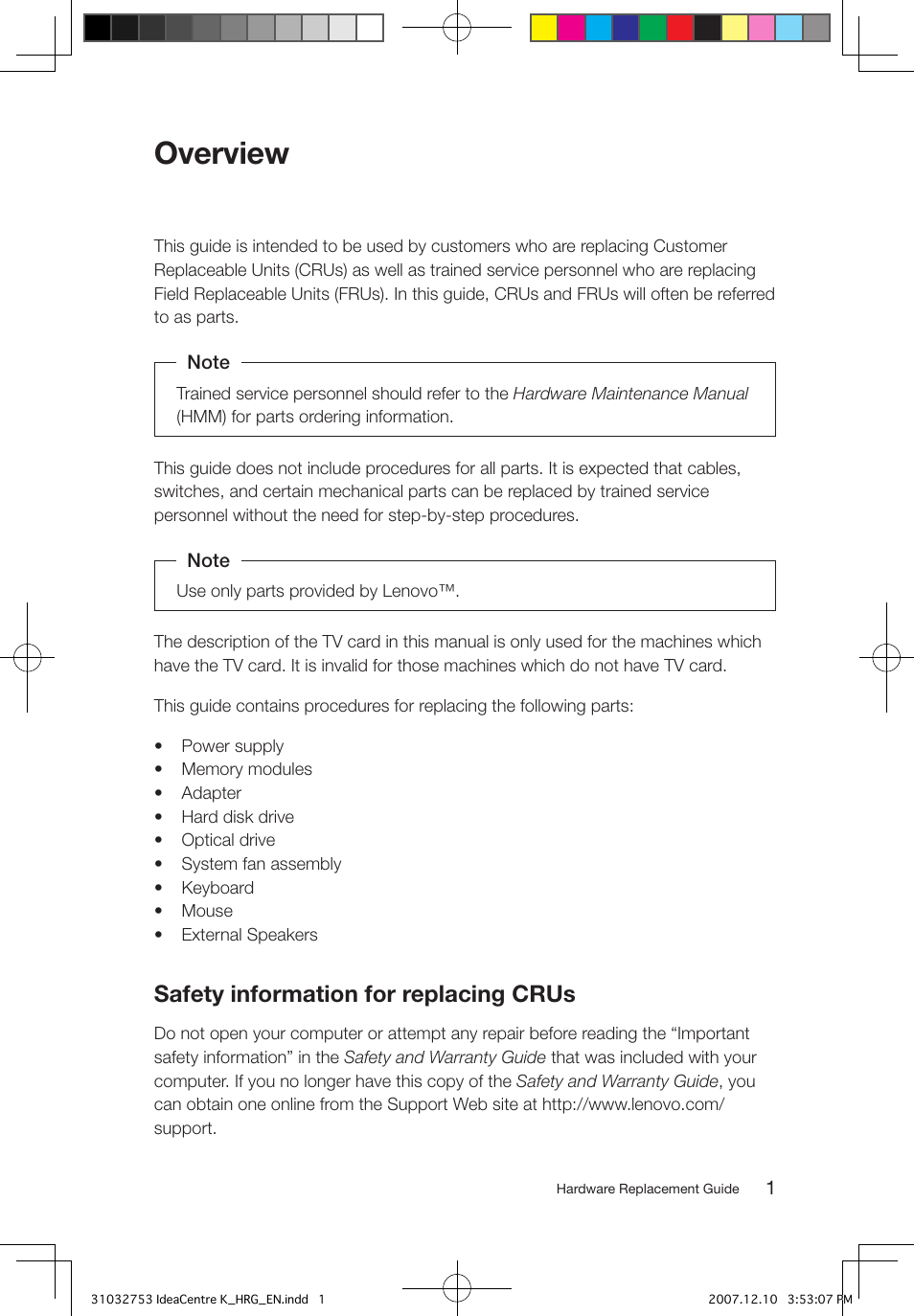 Overview, Safety information for replacing crus | Lenovo IdeaCentre K210 User Manual | Page 4 / 33