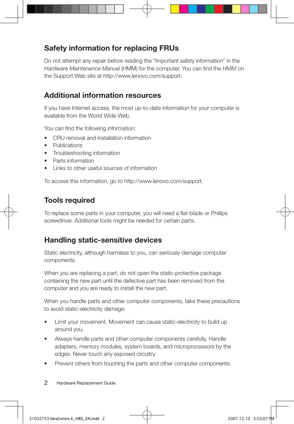 Safety information for replacing frus, Additional information resources, Tools required | Handling static-sensitive devices | Lenovo IdeaCentre K210 User Manual | Page 5 / 33