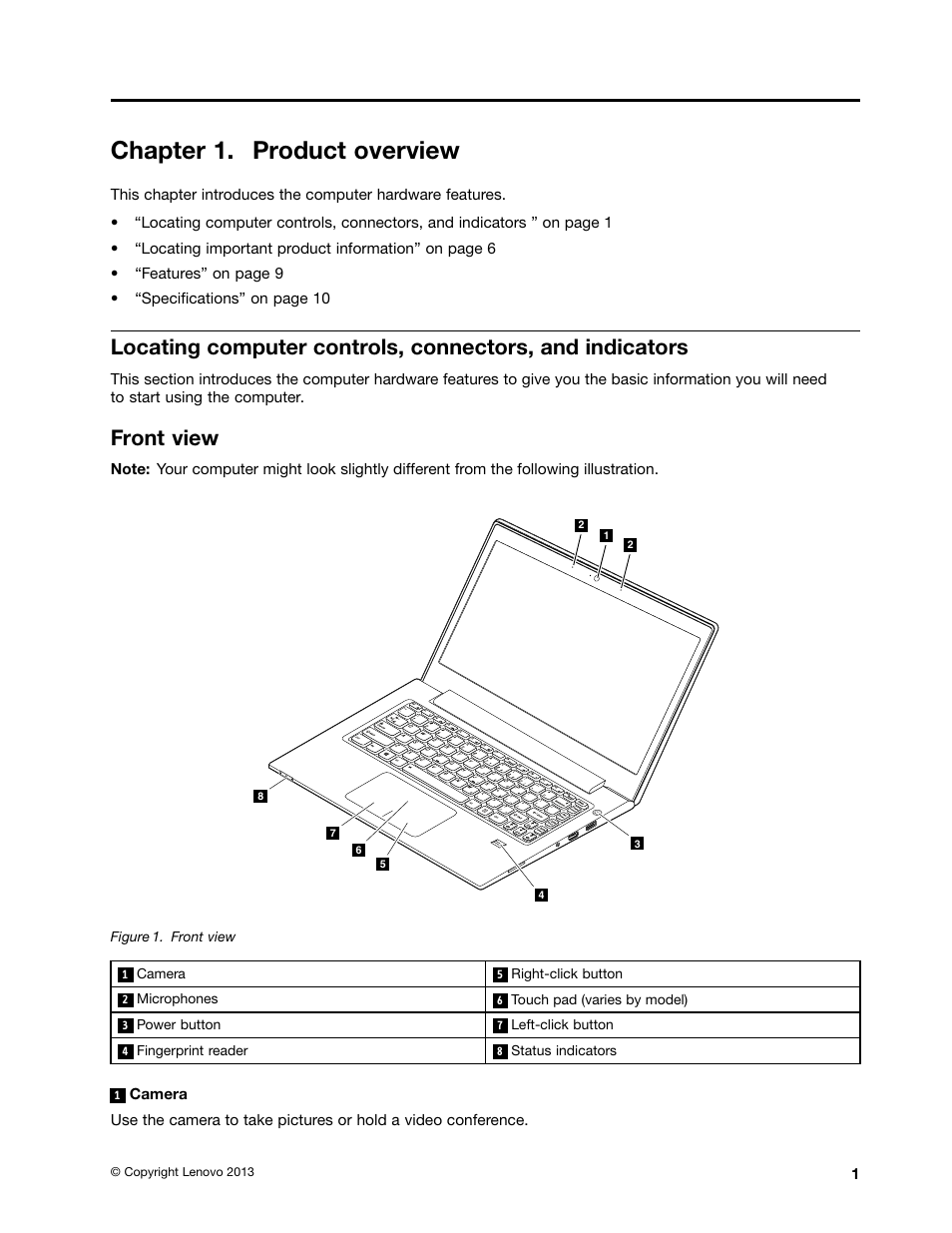 Chapter 1. product overview, Front view | Lenovo V4400u Notebook User Manual | Page 15 / 64