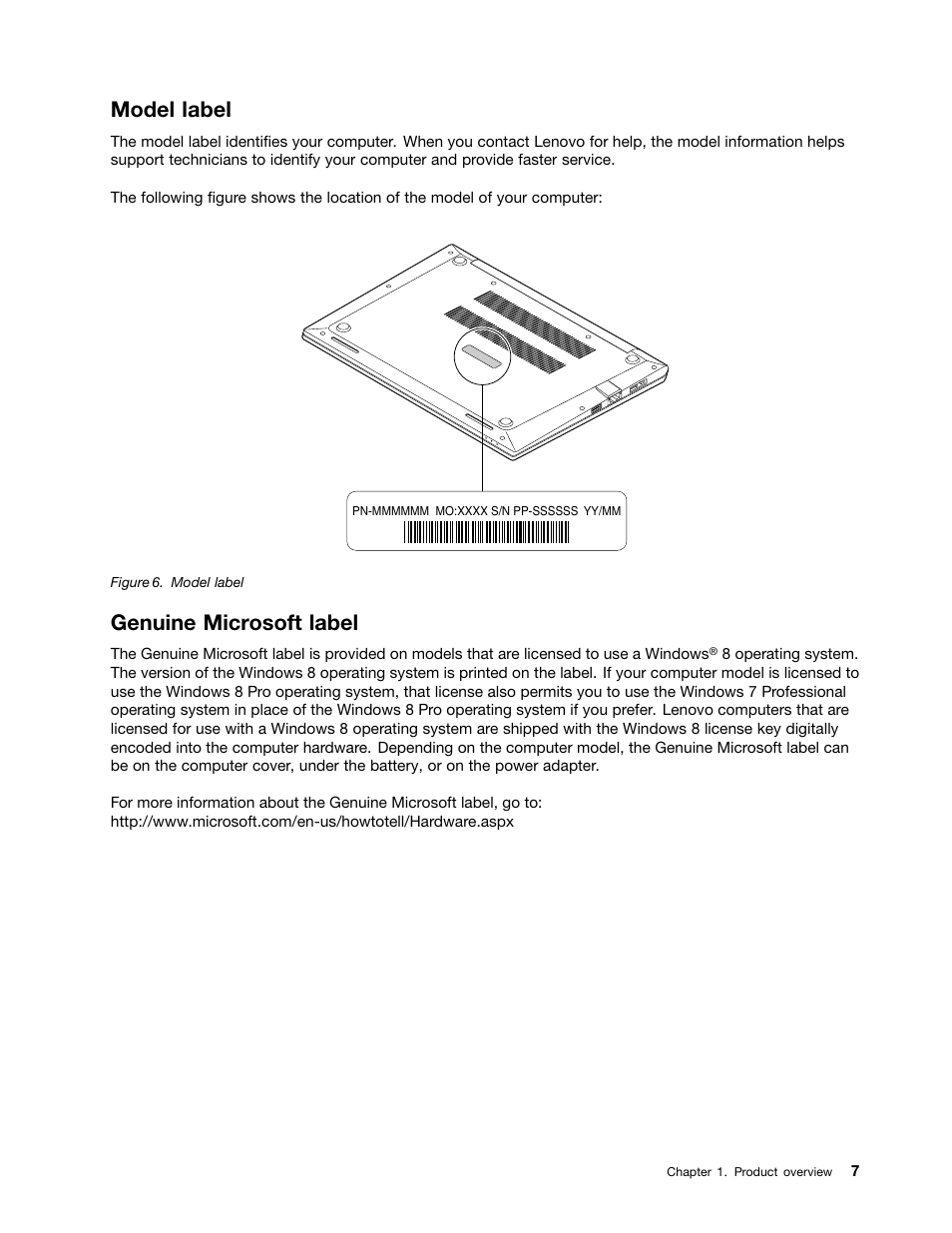 Model label, Genuine microsoft label | Lenovo V4400u Notebook User Manual | Page 21 / 64