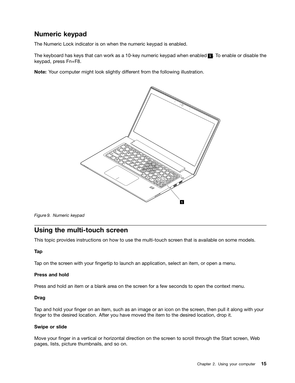 Numeric keypad, Using the multi-touch screen | Lenovo V4400u Notebook User Manual | Page 29 / 64