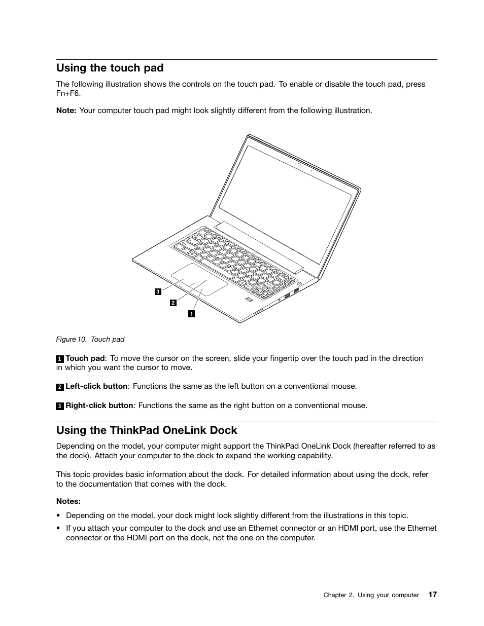 Using the touch pad, Using the thinkpad onelink dock | Lenovo V4400u Notebook User Manual | Page 31 / 64