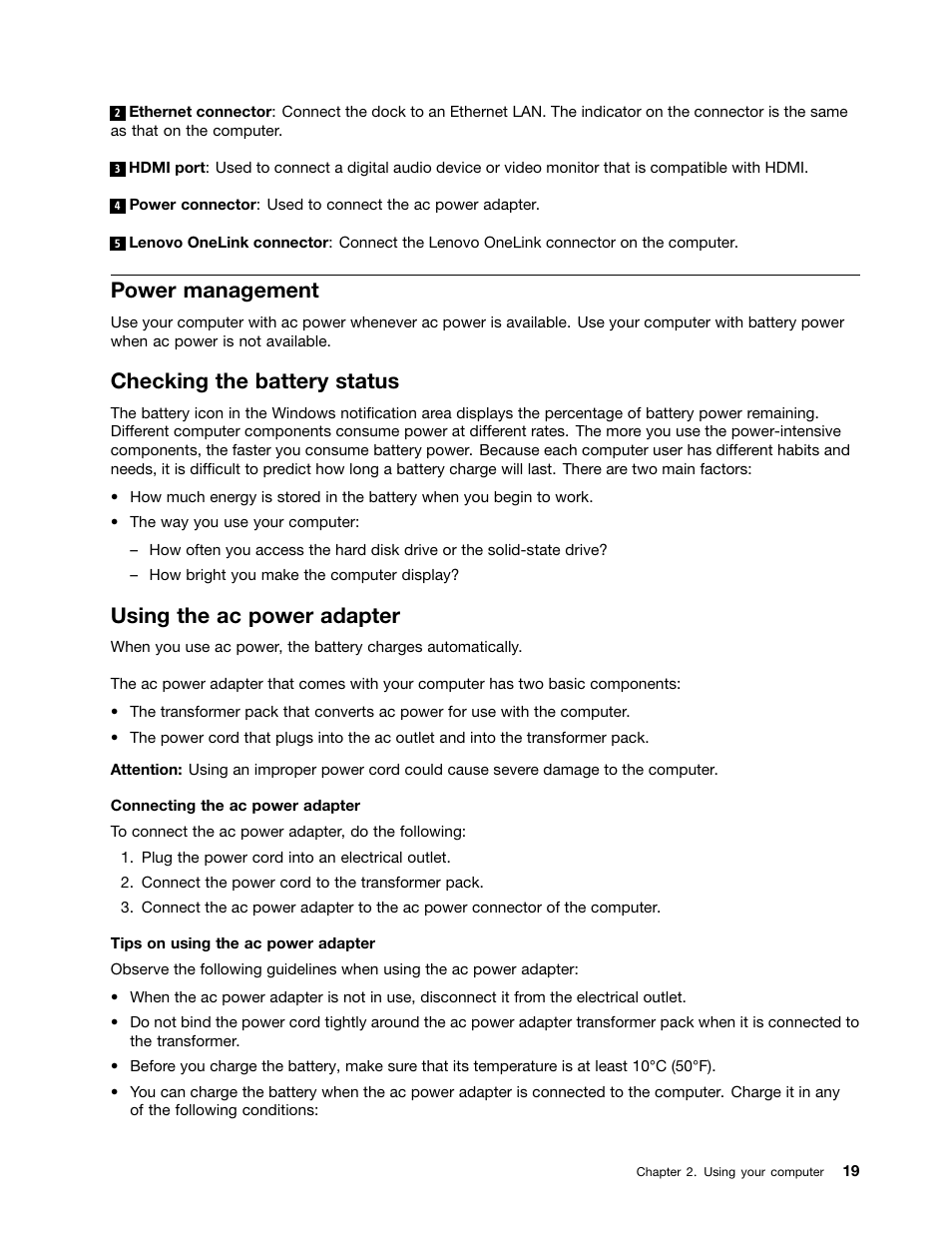 Power management, Checking the battery status, Using the ac power adapter | Lenovo V4400u Notebook User Manual | Page 33 / 64