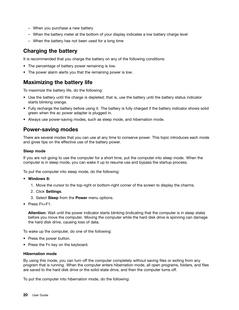 Charging the battery, Maximizing the battery life, Power-saving modes | Power-saving | Lenovo V4400u Notebook User Manual | Page 34 / 64