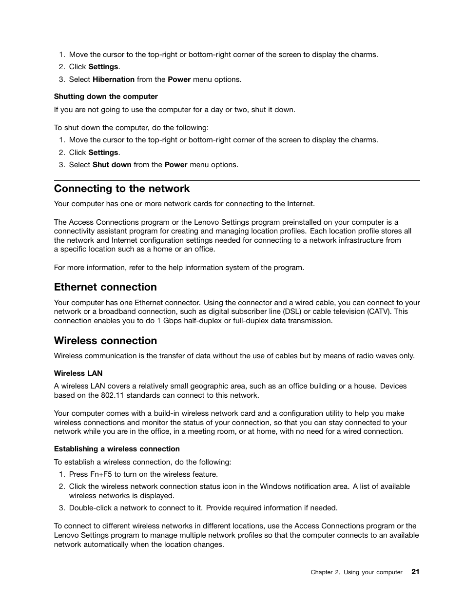 Connecting to the network, Ethernet connection, Wireless connection | Lenovo V4400u Notebook User Manual | Page 35 / 64