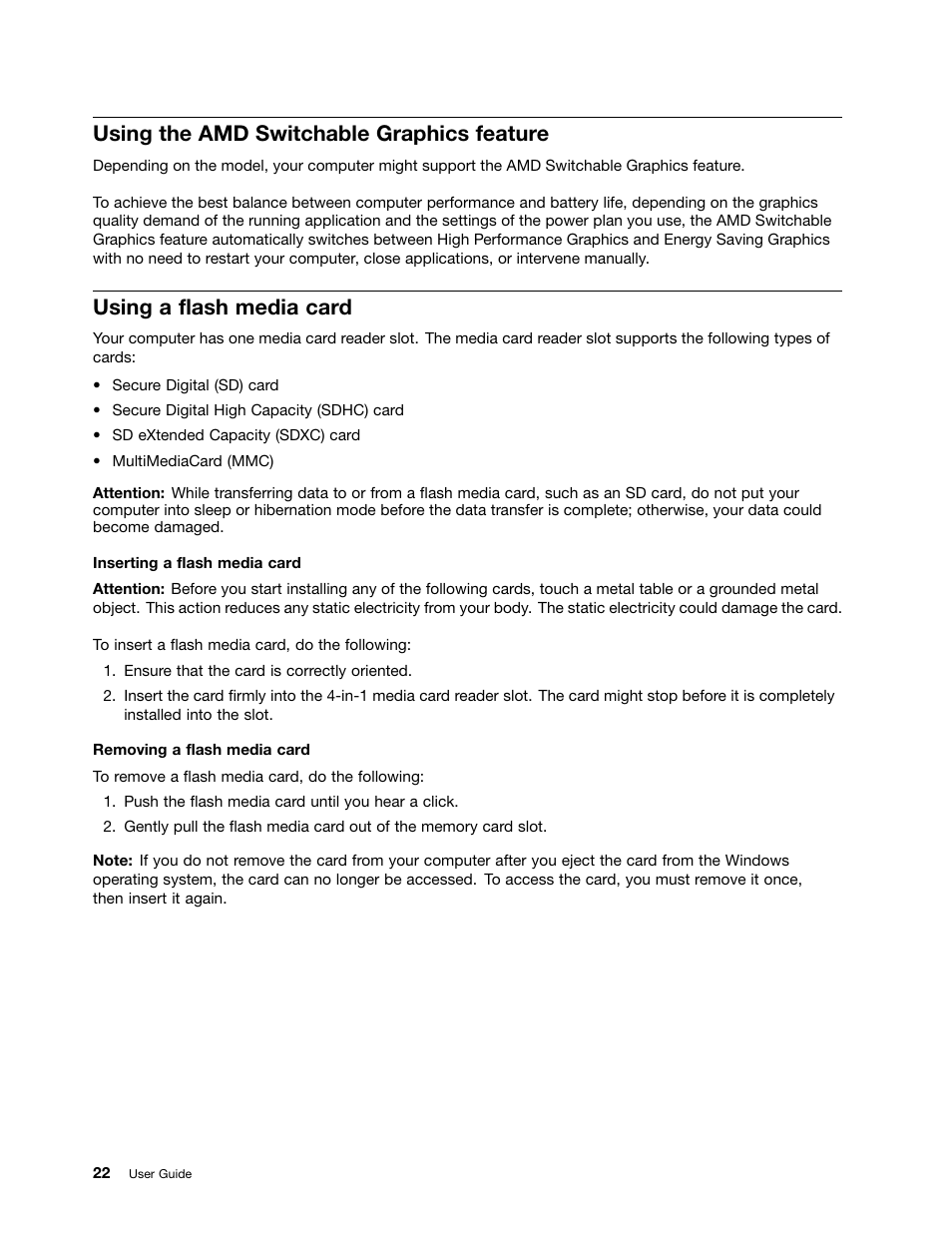 Using the amd switchable graphics feature, Using a flash media card | Lenovo V4400u Notebook User Manual | Page 36 / 64