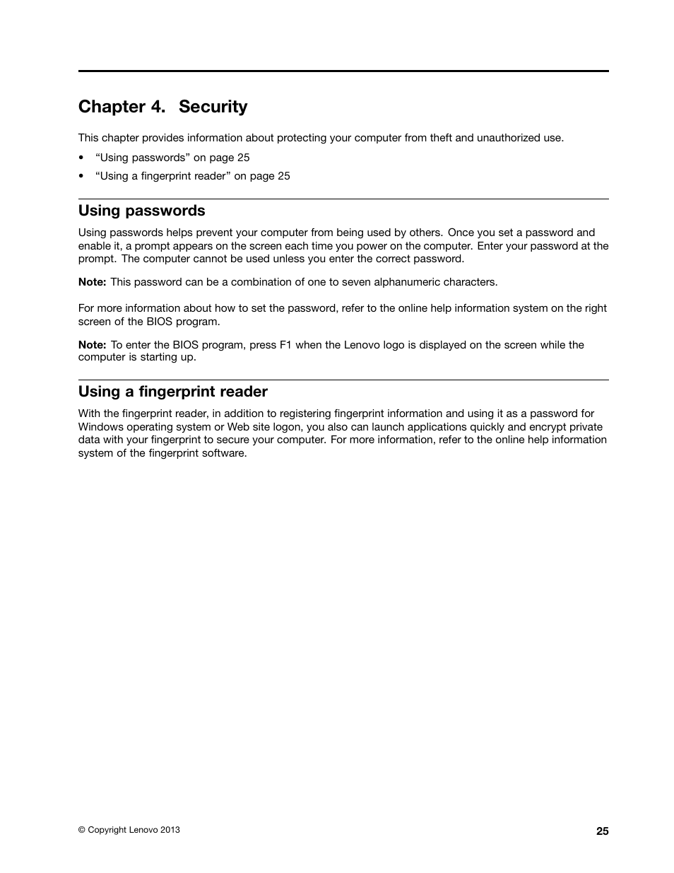 Chapter 4. security, Using passwords, Using a fingerprint reader | Lenovo V4400u Notebook User Manual | Page 39 / 64