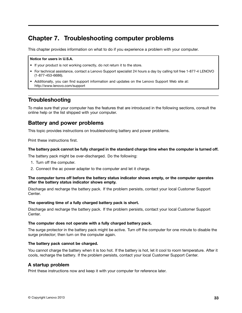 Chapter 7. troubleshooting computer problems, Troubleshooting, Battery and power problems | Lenovo V4400u Notebook User Manual | Page 47 / 64