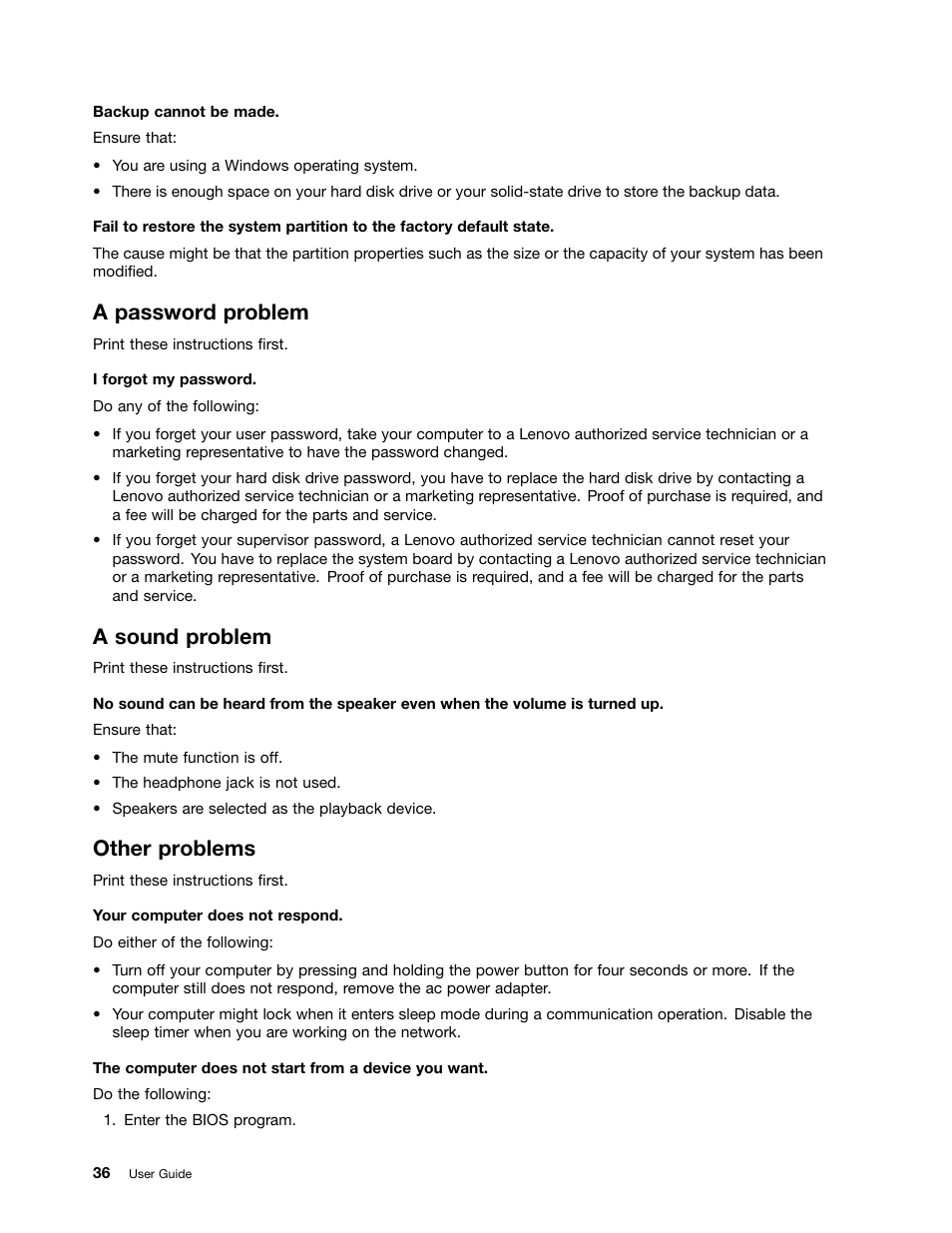 A password problem, A sound problem, Other problems | Lenovo V4400u Notebook User Manual | Page 50 / 64