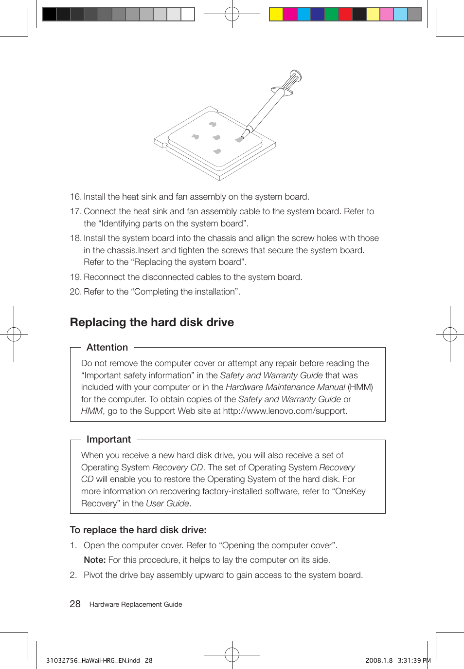 Replacing the hard disk drive | Lenovo IdeaCentre Q200 User Manual | Page 31 / 41