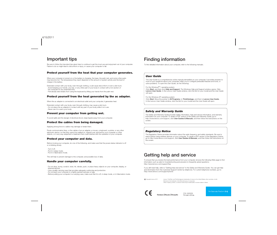 Important tips, Finding information, Getting help and service | Lenovo ThinkPad Edge E120 User Manual | Page 2 / 2