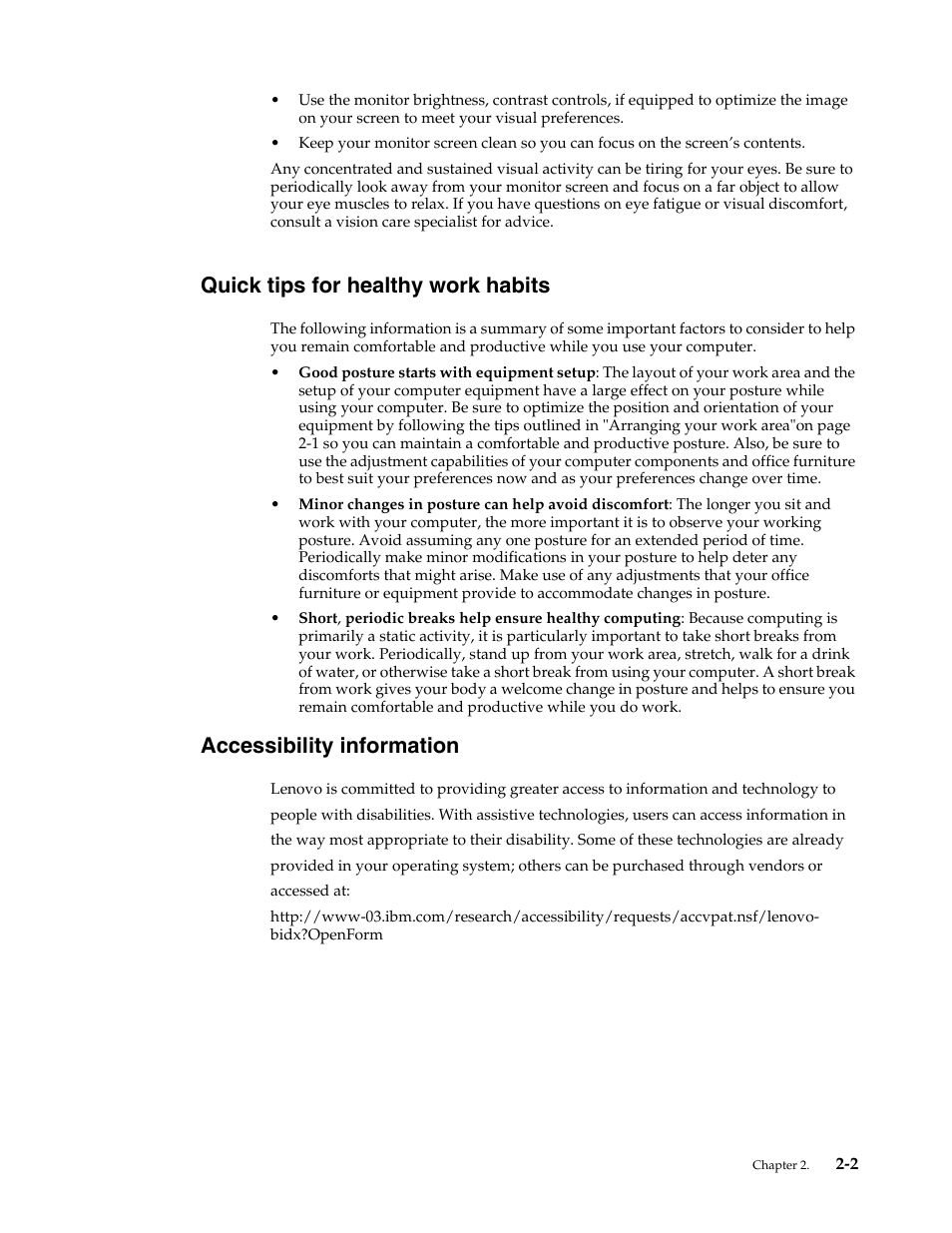 Quick tips for healthy work habits, Accessibility information, Quick tips for healthy work habits -2 | Accessibility information -2 | Lenovo ThinkVision LS2323 wide User Manual | Page 12 / 34