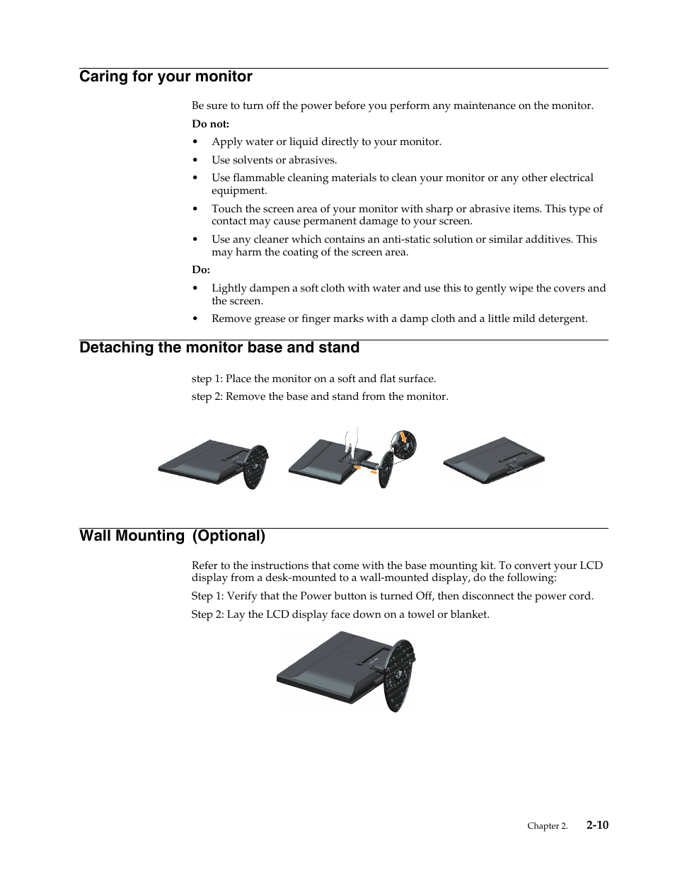 Caring for your monitor, Detaching the monitor base and stand, Wall mounting (optional) | Caring for your monitor -10, Detaching the monitor base and stand -10, Wall mounting | Lenovo ThinkVision LS2323 wide User Manual | Page 20 / 34