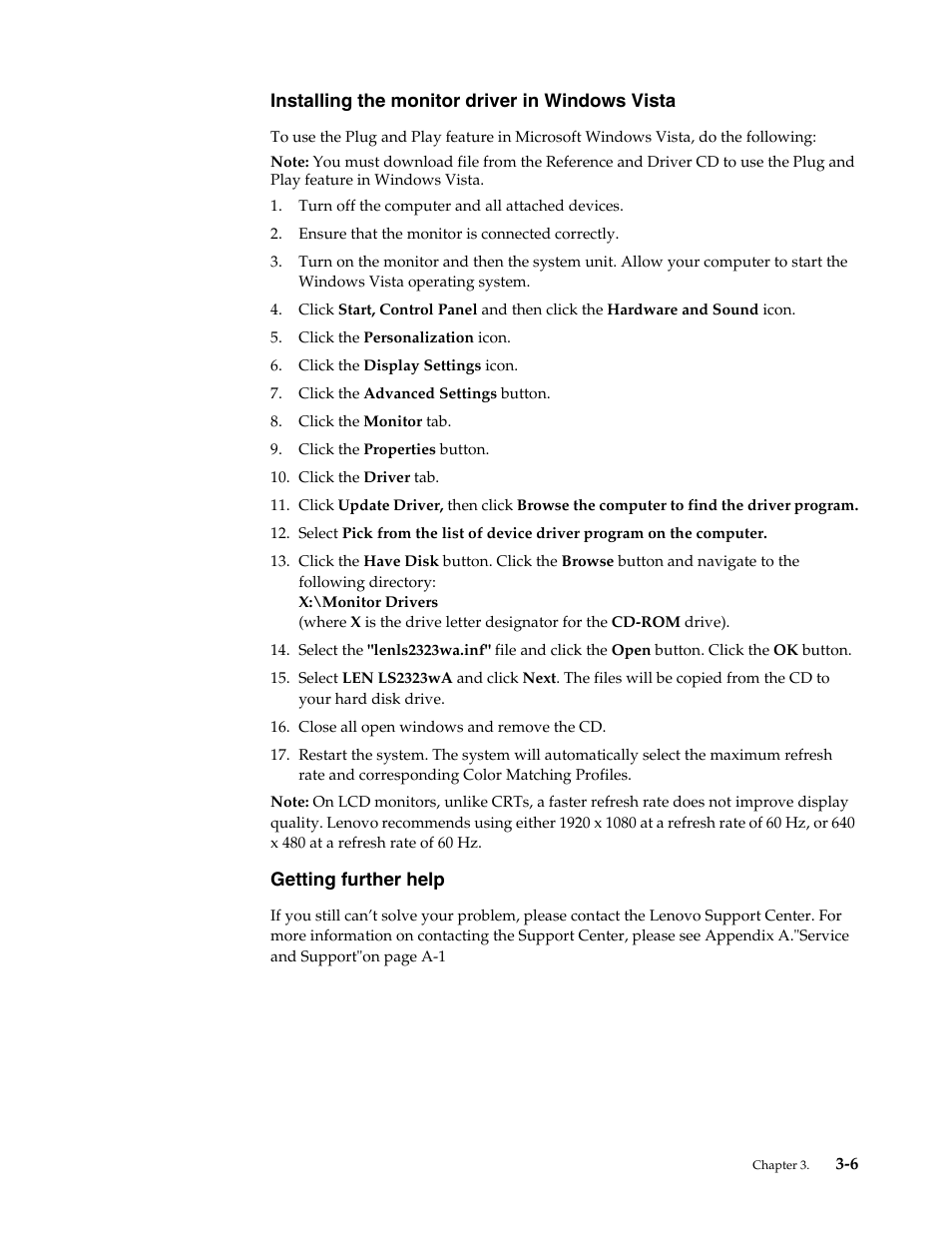 Installing the monitor driver in windows vista, Getting further help, Installing the monitor driver in windows vista -6 | Getting further help -6 | Lenovo ThinkVision LS2323 wide User Manual | Page 27 / 34