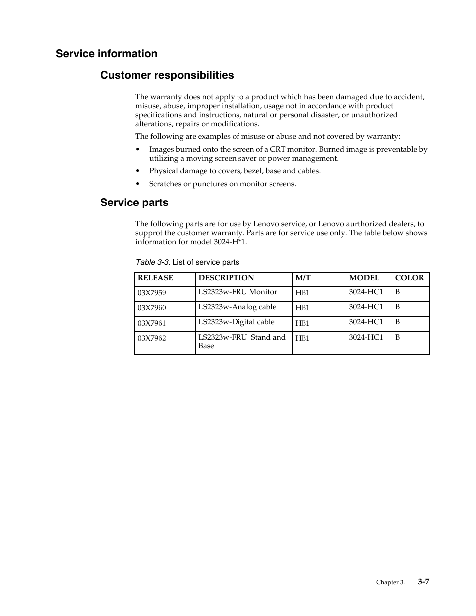 Service information, Customer responsibilities, Service parts | Service information -7, Customer responsibilities -7, Service parts -7, Service information customer responsibilities | Lenovo ThinkVision LS2323 wide User Manual | Page 28 / 34