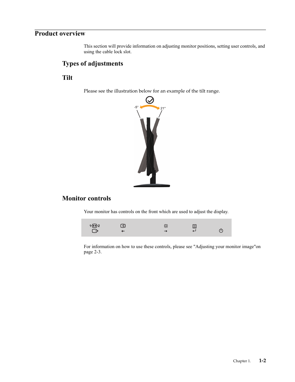 Product overview, Types of adjustments, Tilt | Monitor controls, Product overview -2, Types of adjustments -2, Tilt -2, Monitor controls -2, Types of adjustments tilt | Lenovo ThinkVision LS2323 wide User Manual | Page 6 / 34