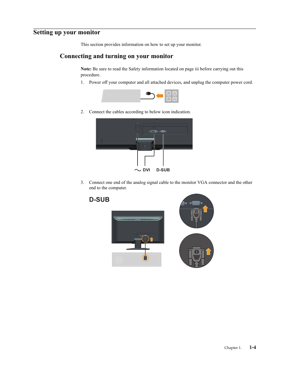 Setting up your monitor, Connecting and turning on your monitor, Setting up your monitor -4 | Connecting and turning on your monitor -4, D-sub | Lenovo ThinkVision LS2323 wide User Manual | Page 8 / 34