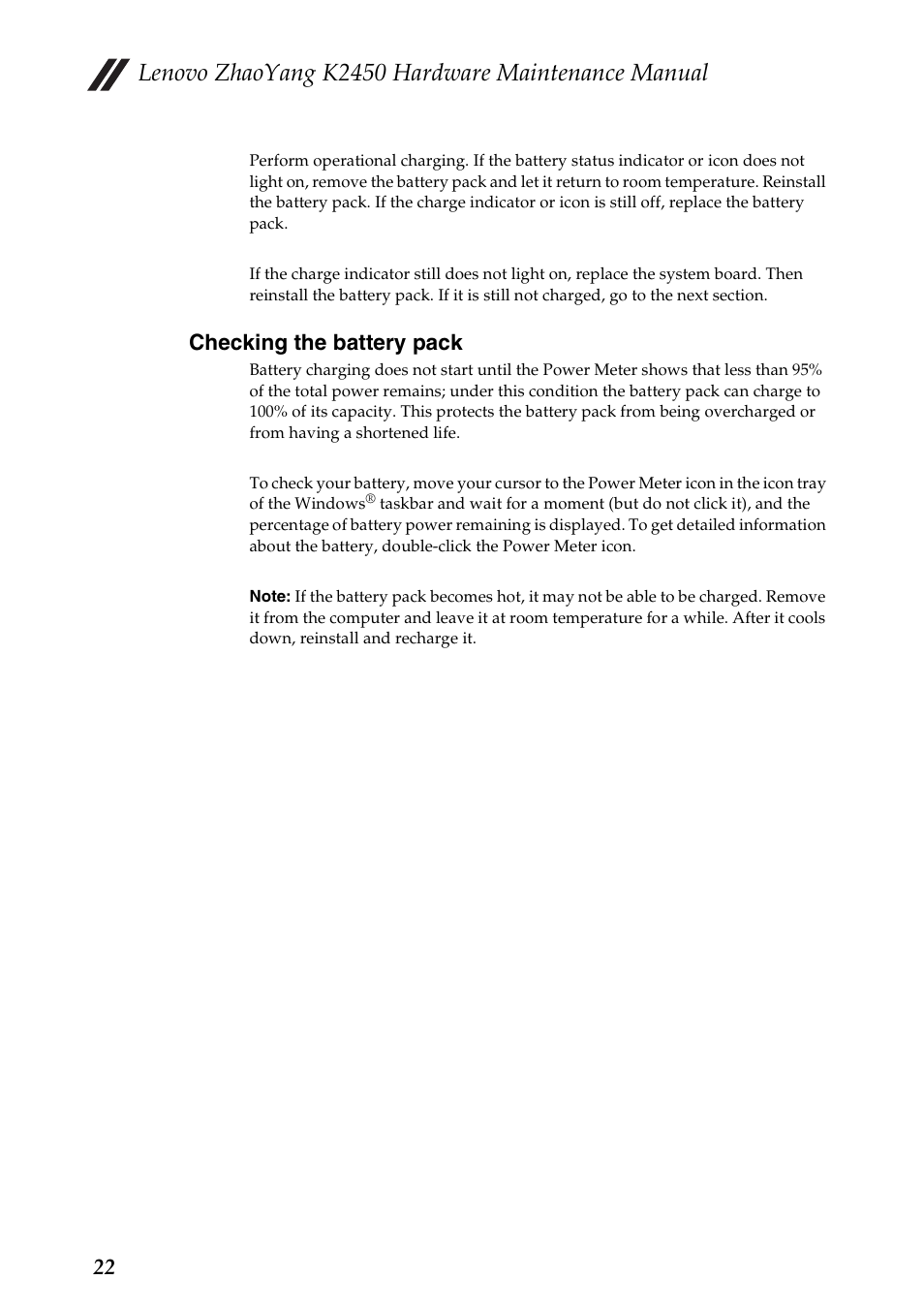 Checking the battery pack, Lenovo zhaoyang k2450 hardware maintenance manual | Lenovo K2450 Notebook User Manual | Page 26 / 83