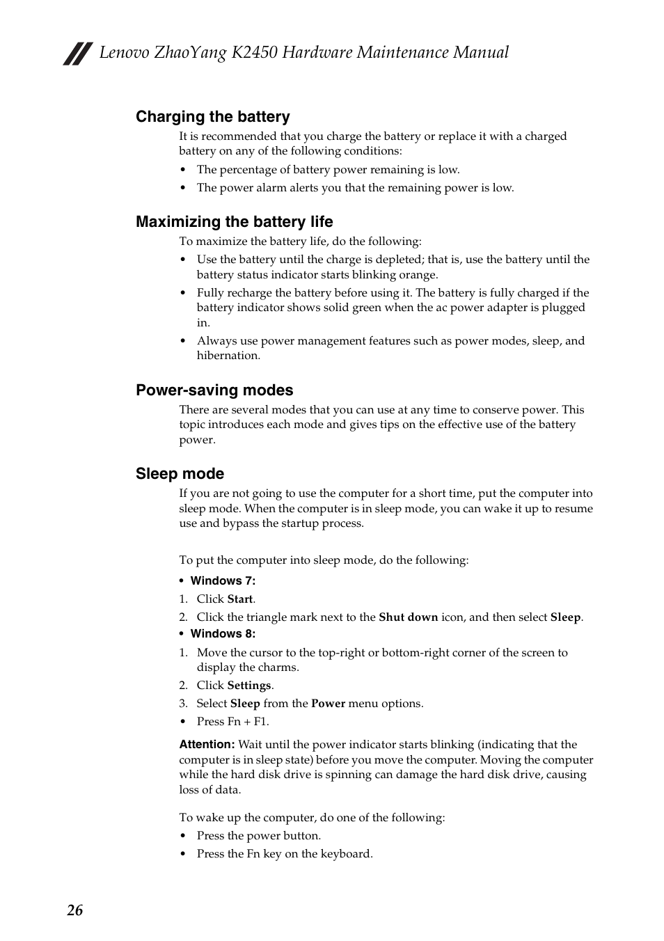 Charging the battery, Maximizing the battery life, Power-saving modes | Sleep mode, Lenovo zhaoyang k2450 hardware maintenance manual, 26 charging the battery | Lenovo K2450 Notebook User Manual | Page 30 / 83
