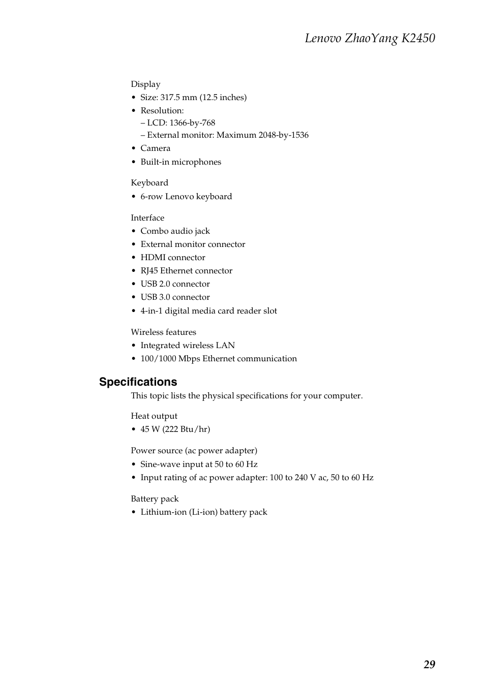 Specifications, Lenovo zhaoyang k2450 | Lenovo K2450 Notebook User Manual | Page 33 / 83