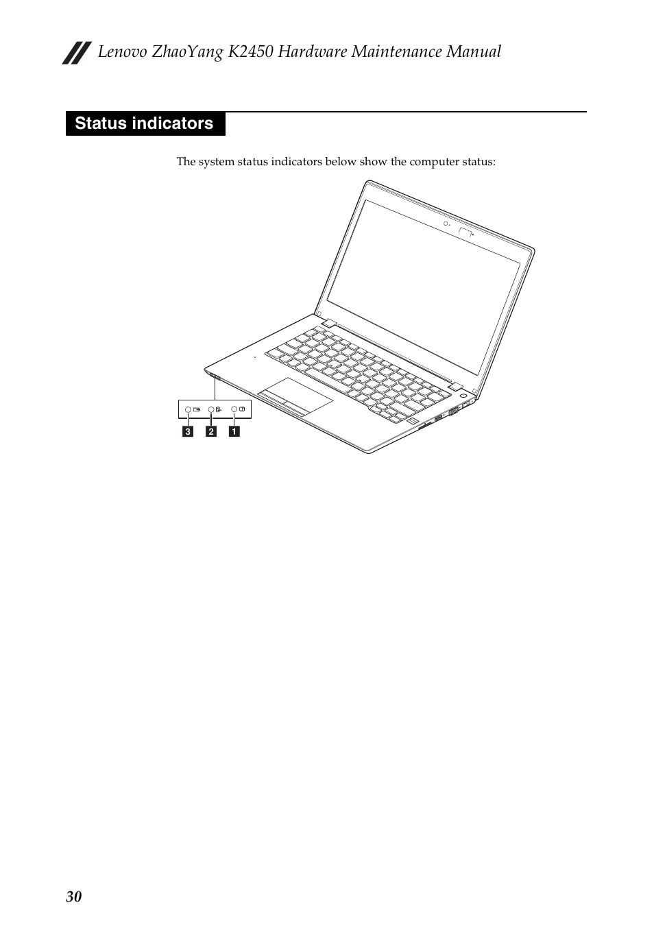 Status indicators, Lenovo zhaoyang k2450 hardware maintenance manual | Lenovo K2450 Notebook User Manual | Page 34 / 83