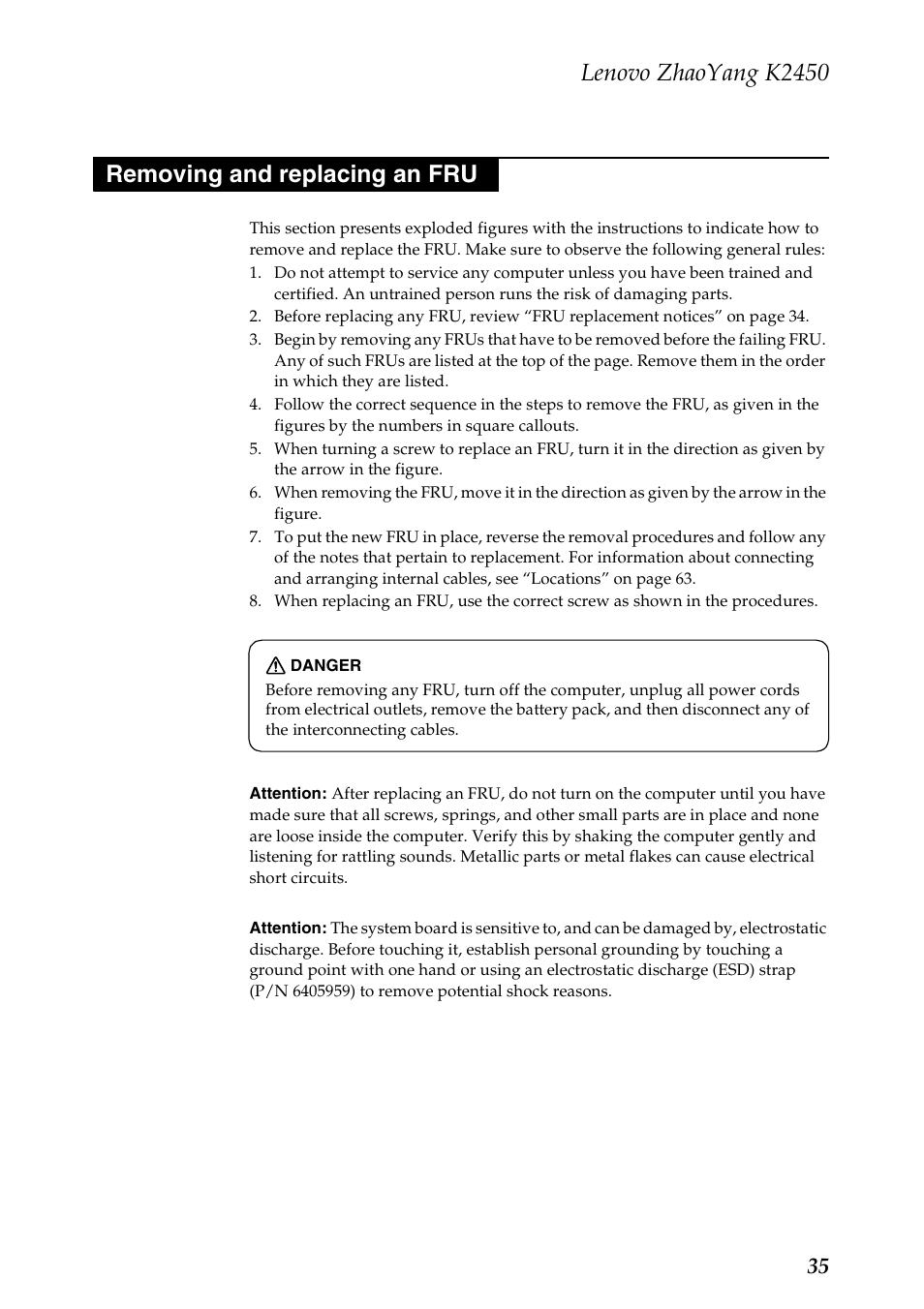 Removing and replacing an fru, Lenovo zhaoyang k2450 | Lenovo K2450 Notebook User Manual | Page 39 / 83