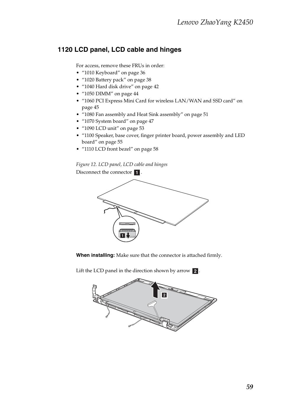 1120 lcd panel, lcd cable and hinges, Lenovo zhaoyang k2450 | Lenovo K2450 Notebook User Manual | Page 63 / 83