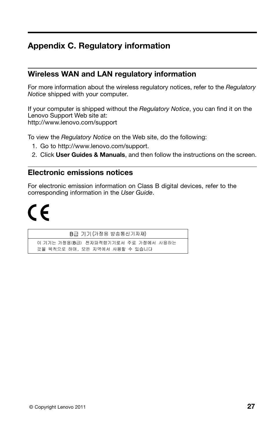 Appendix c. regulatory information, Wireless wan and lan regulatory information, Electronic emissions notices | Lenovo ThinkPad X1 User Manual | Page 39 / 50