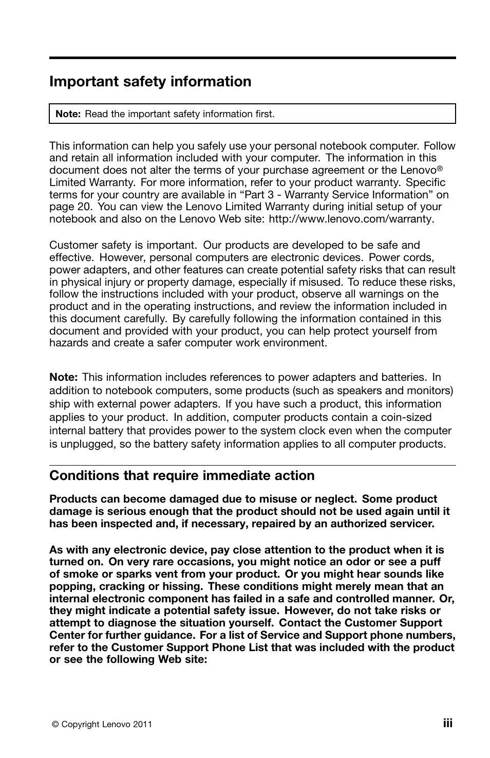 Important safety information, Conditions that require immediate action | Lenovo ThinkPad X1 User Manual | Page 5 / 50