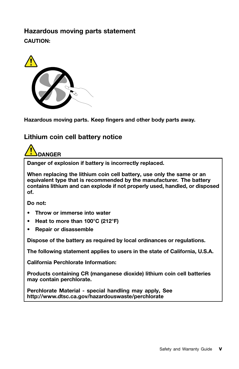 Hazardous moving parts statement, Lithium coin cell battery notice | Lenovo ThinkPad X1 User Manual | Page 7 / 50