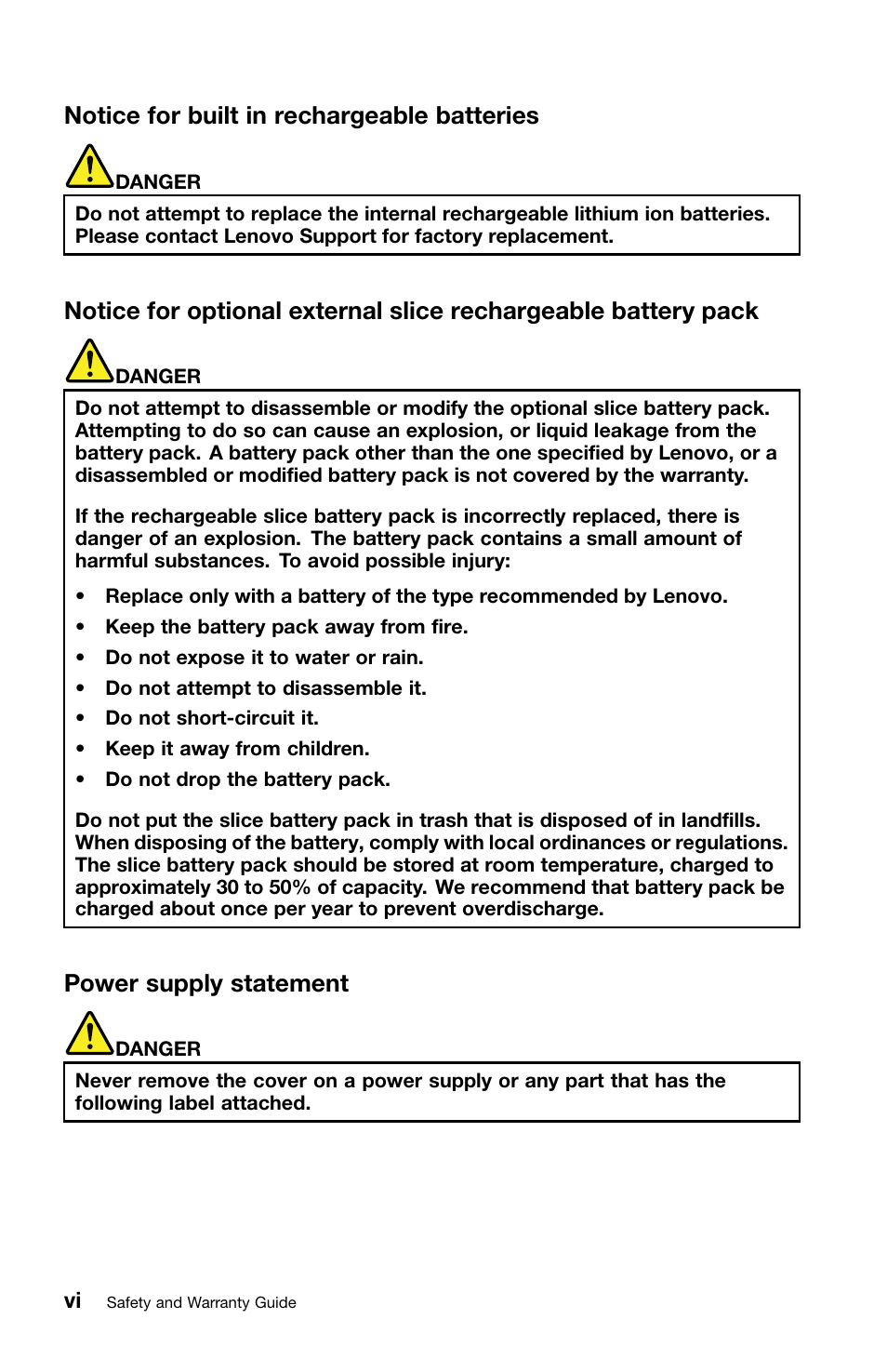 Notice for built in rechargeable batteries, Power supply statement | Lenovo ThinkPad X1 User Manual | Page 8 / 50