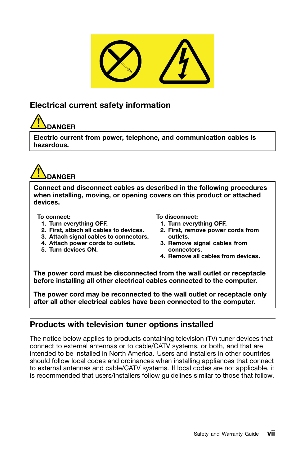 Electrical current safety information, Products with television tuner options installed | Lenovo ThinkPad X1 User Manual | Page 9 / 50